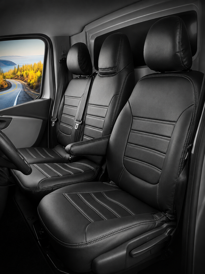 Sitzbezüge Opel Vivaro 2014 - 2019 – Fezz Schwarz – Sitzbezüge aus Kunstleder – perfekte Passform (Sitz/Doppelsitzbank-mit geteilter Sitzfläche und geteilter Rückenlehne der Doppelsitzbank)