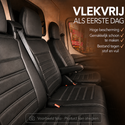 Sitzbezüge Ford Transit Custom 2013  - 2023 – Fezz zwart – Sitzbezüge aus Kunstleder – perfekte Passform ((Sitz/Doppelsitzbank-mit geteilter Sitzfläche der Doppelsitzbank))