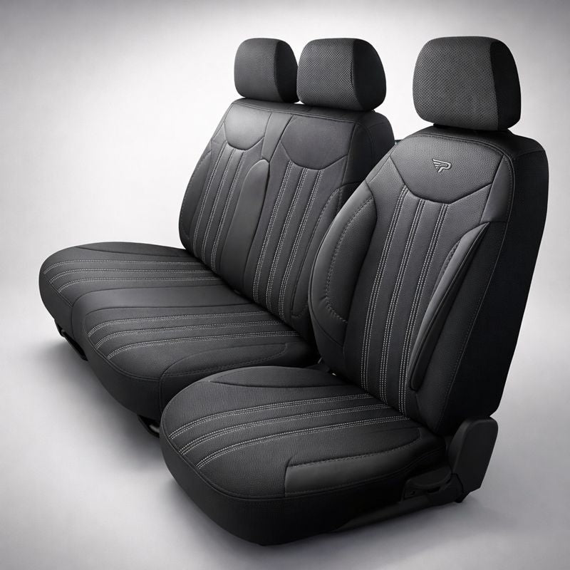 Sitzbezüge Ford Transit Custom 2023 - heute – Miami schwarz – perfekte Passform (Sitz/Bank-ohne Vorbereitung Klapptisch in der Rückenlehne)