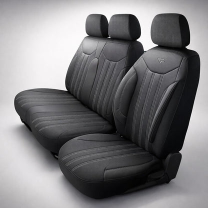 Sitzbezüge Ford Transit Custom 2023 - heute – Miami schwarz – perfekte Passform (Sitz/Bank-ohne Vorbereitung Klapptisch in der Rückenlehne)