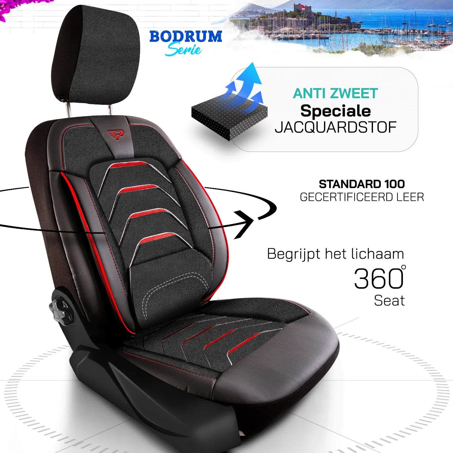 Bodrum stoelhoes, stoelhoezen voor Peugeot Boxer 2006 - heute, Schwarz Rot, Jacquardstoff Lederoptik, Sitz/Bank