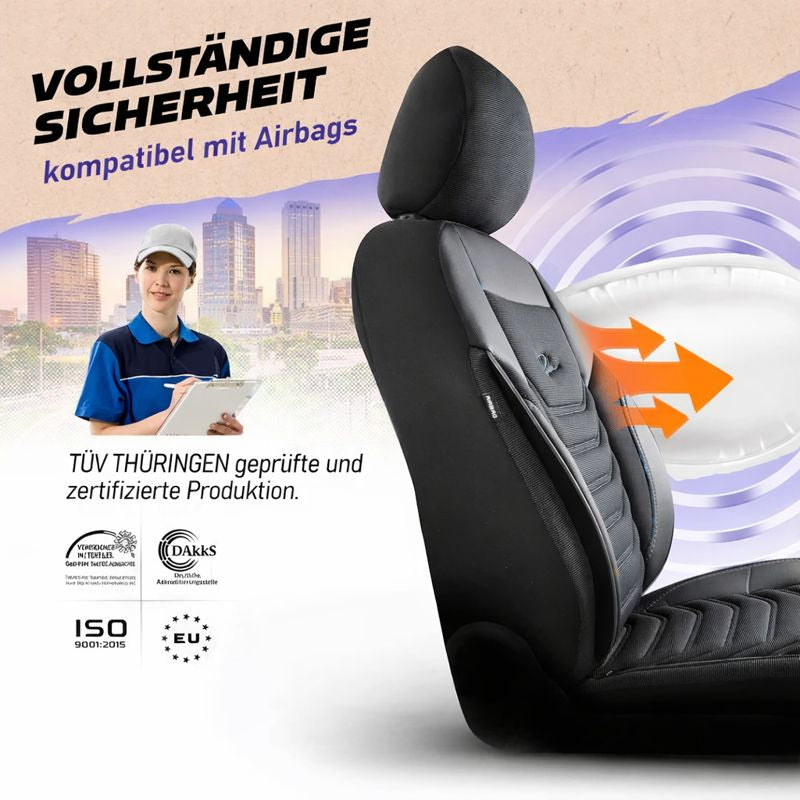 Sitzbezüge Ford E-Transit Custom 2023 - heute – Florida schwarz/grau – perfekte Passform (Sitz/Bank-ohne Vorbereitung Klapptisch in der Rückenlehne)