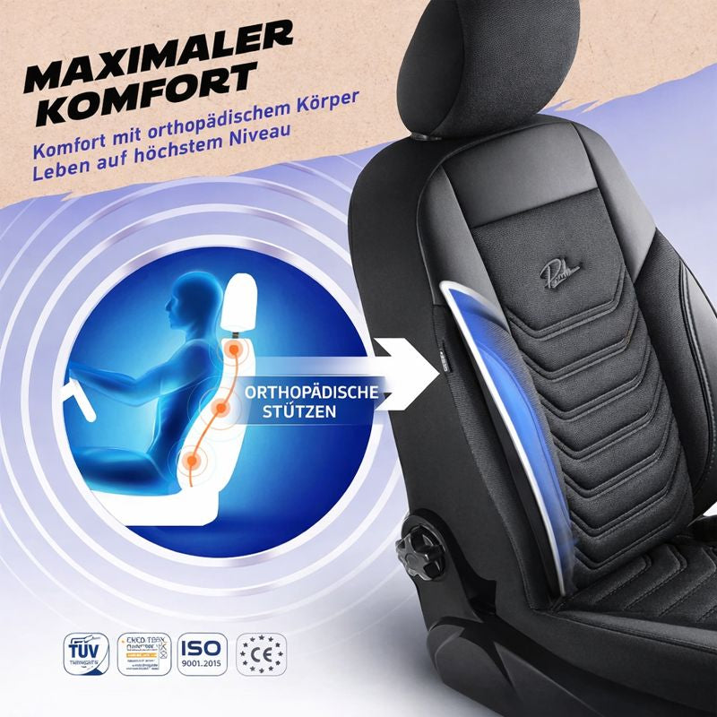 Sitzbezüge Ford E-Transit Custom 2023 - heute – Florida schwarz/grau – perfekte Passform (Sitz/Bank-ohne Vorbereitung Klapptisch in der Rückenlehne)