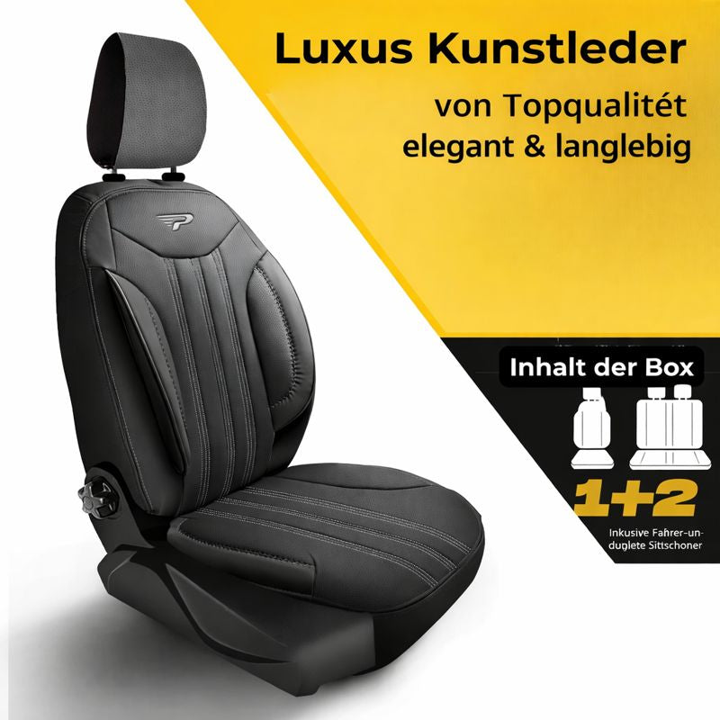 Sitzbezüge Ford Transit Custom 2023 - heute – Miami schwarz – perfekte Passform (Sitz/Bank-ohne Vorbereitung Klapptisch in der Rückenlehne)