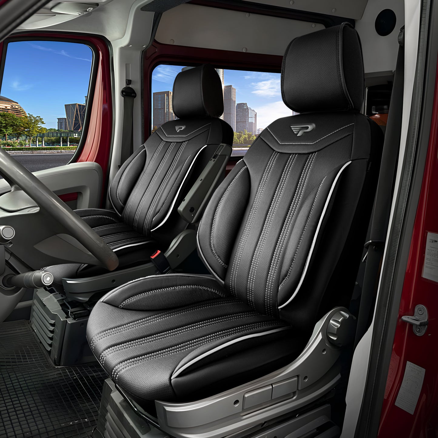 Sitzbezüge Ford E-Transit Custom 2023 - heute – Miami schwarz – perfekte Passform (Sitz/Sitz)