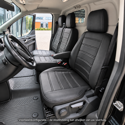 Sitzbezüge Renault Trafic E-Tech electric 2022 - heute – Fezz Schwarz – Sitzbezüge aus Kunstleder – perfekte Passform (Sitz/Doppelsitzbank-mit geteilter Sitzfläche und geteilter Rückenlehne der Doppelsitzbank)